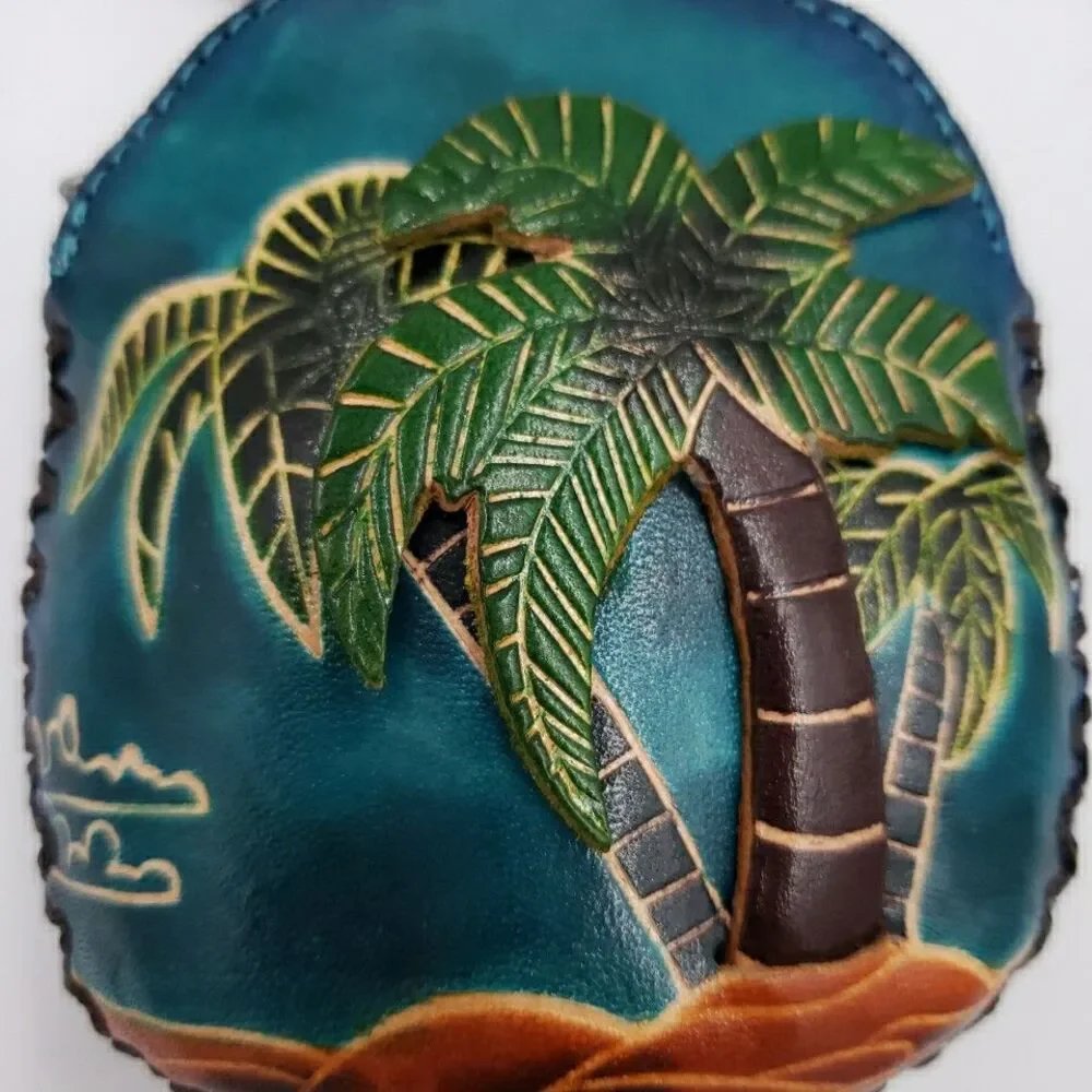 Tropical Palm Tree Wristlet Gift Card Holder Handmade Leather Surfer Mini Purse